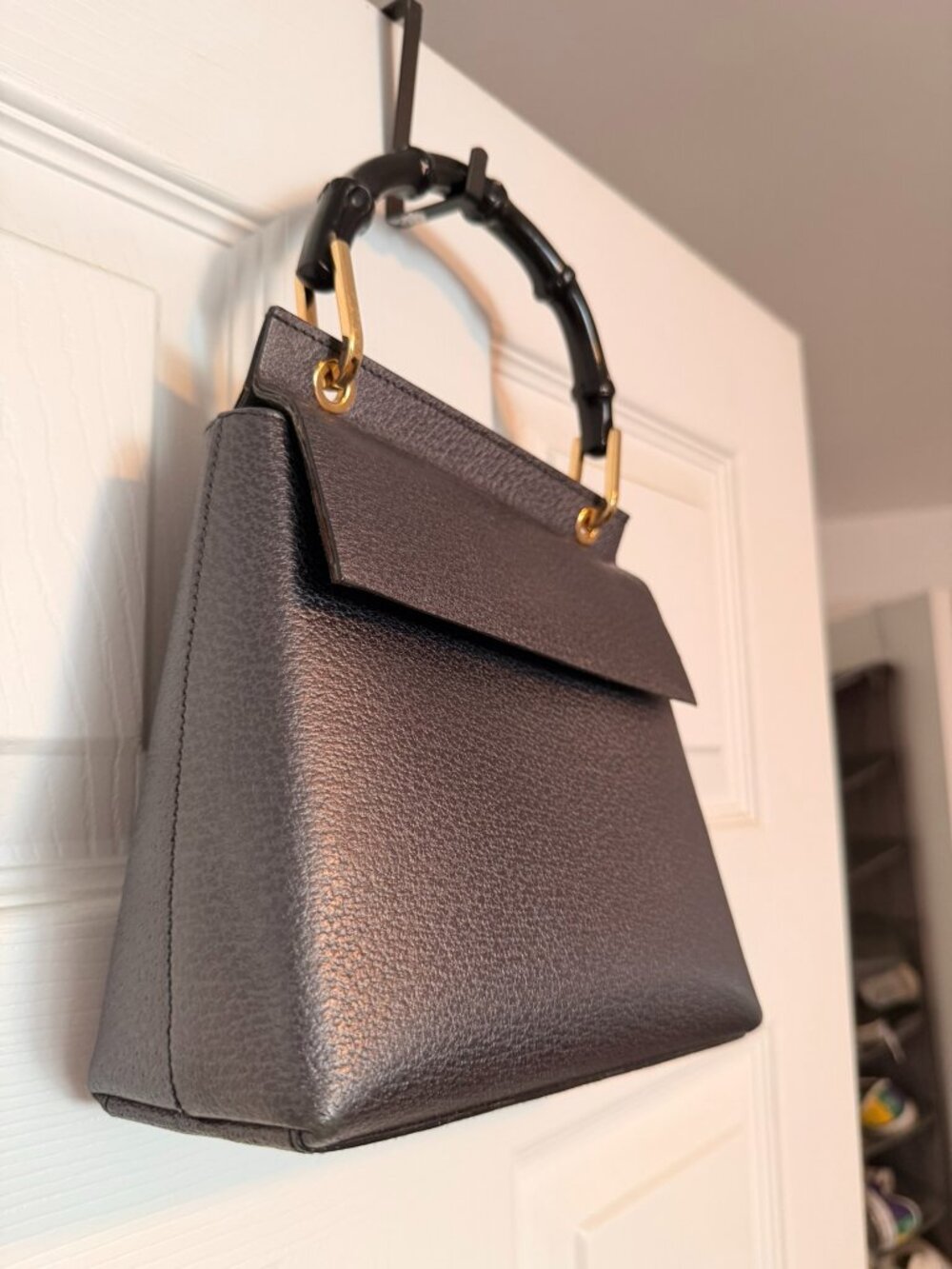Gucci Metallic Gray Bamboo Top Handle Bag